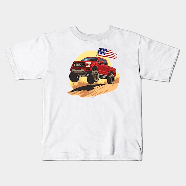 F150 car truck offroad jump on desert red Kids T-Shirt by creative.z